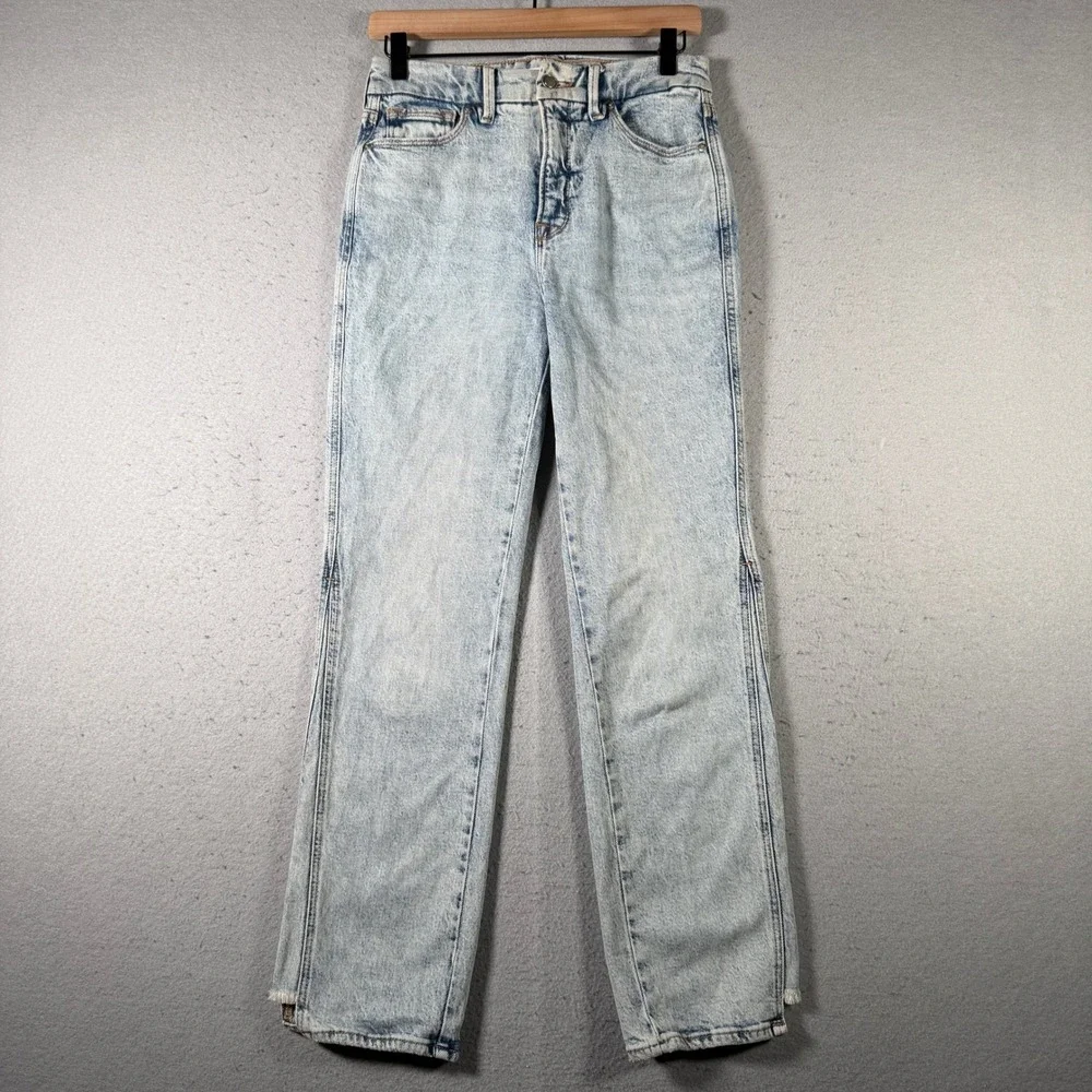 Good American Good Curve Straight Step Insert Outseam Acid Wash Jeans 2/26 Blue
